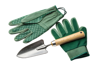 Pair of Green Gardening Gloves with Small Hand Trowel Isolated on a Transparent Background shovel