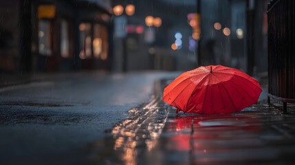 A lone red umbrella rests on a wet city street, bathed in the soft glow of rain-streaked city lights.