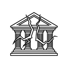 Cracked Institution: A stark, minimalist illustration depicts the facade of an iconic building, bisected by a deep, jagged fissure, symbolizing instability and vulnerability. 