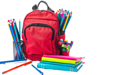 Red backpack with colorful school supplies and books