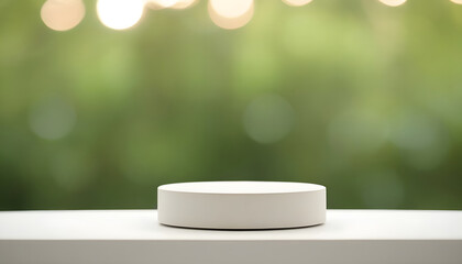 Eco-conscious product staging on organic podium with natural green bokeh for sustainable e-commerce visuals