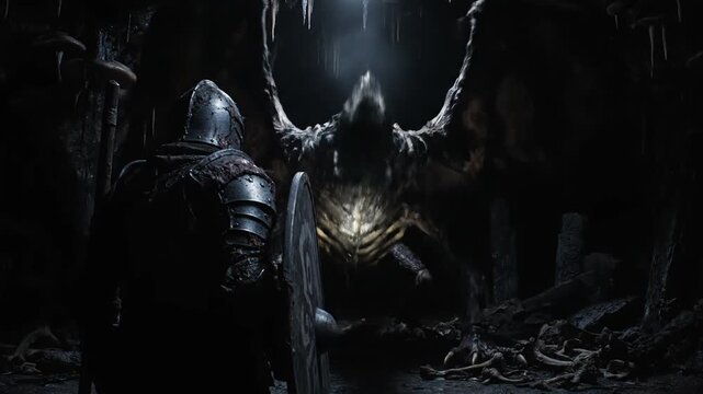 A medieval knight in dark armor confronting a terrifying monster in a ruined underground dungeon