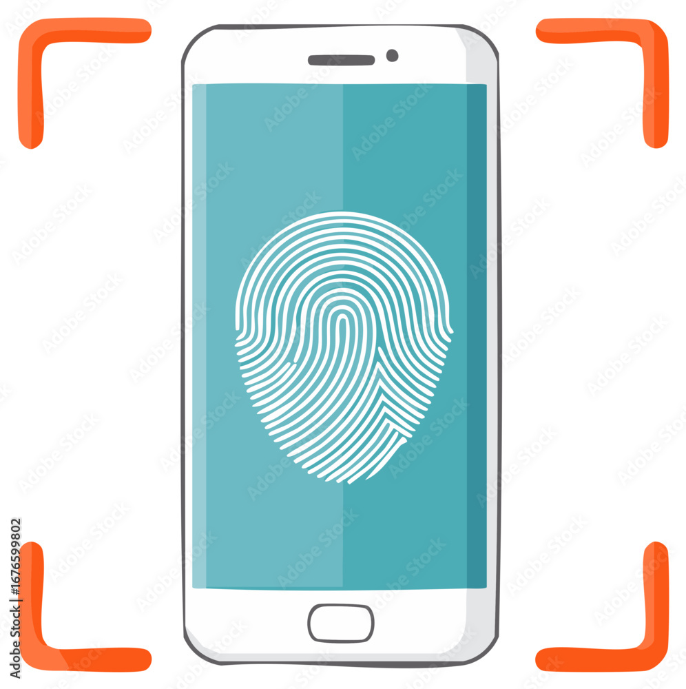 Poster smartphone displays fingerprint scan icon with security scan corner graphics