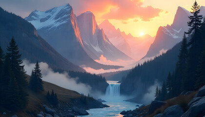 Majestic Mountain Vista: A stunning painting of a mountainscape bathed in the warm glow of sunrise. The artwork depicts a serene landscape of majestic mountain range with pristine snow caps.
