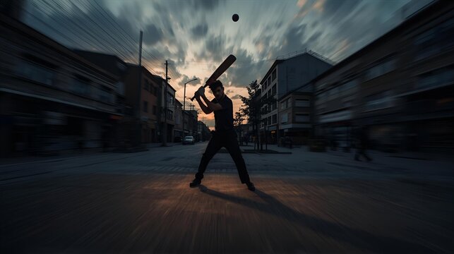 Silhouette of a boy playing cricket at sunset-local street cricket action - Powered by Adobe