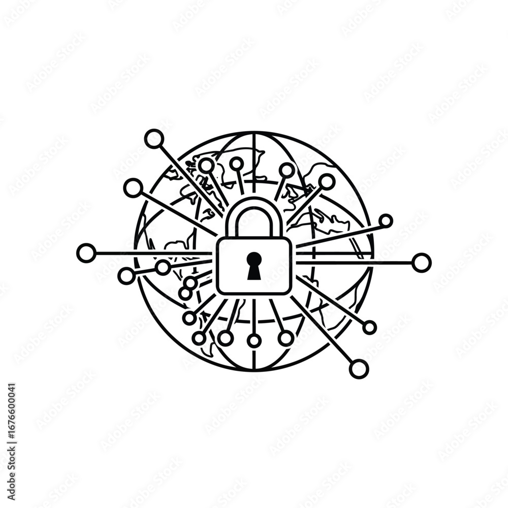 Poster cybersecurity shield: a graphic emblem of a padlock overlaid on a digital globe, symbolizing secure 