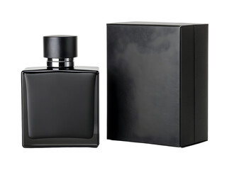 Matte Black Perfume Bottle with Matching Plain Black Box Rectangular Glass Fragrance Container Silver Accents isolated on a transparent background