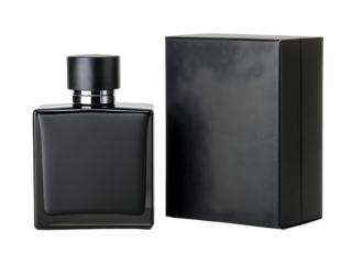 Matte Black Perfume Bottle with Matching Plain Black Box Rectangular Glass Fragrance Container Silver Accents isolated on a transparent background