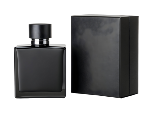 Matte Black Perfume Bottle with Matching Plain Black Box Rectangular Glass Fragrance Container Silver Accents isolated on a transparent background