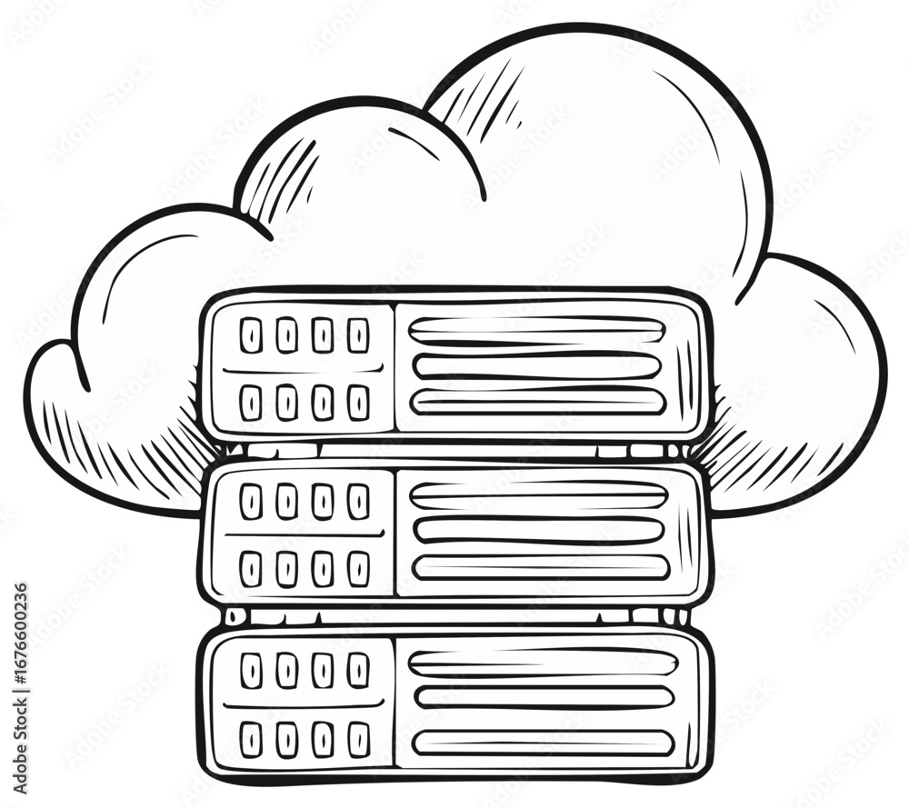 Poster hand drawn illustration of a server rack in a cloud representing cloud computing and data hosting