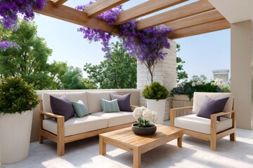 Modern terrace with wooden pergola and blooming bougainvillea creating relaxing atmosphere