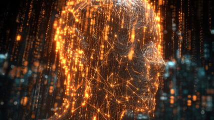 3D wireframe glowing human head with encrypted symbols and falling matrix code representing cyberattack and cybersecurity concepts