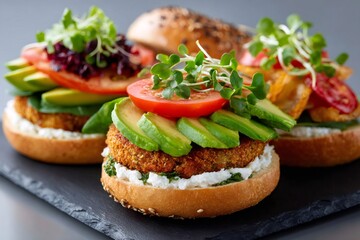 Three mouth-watering veggie burgers with healthy toppings are waiting to be eaten