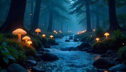 Mystical Forest River: A serene forest scene unfolds with a shimmering river meandering through the landscape.