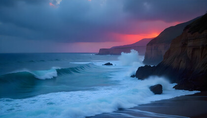 Oceanic Vista: Captivating the raw beauty of the ocean with majestic waves crashing against the cliffs at the sunset time, as the clouds dance. 
