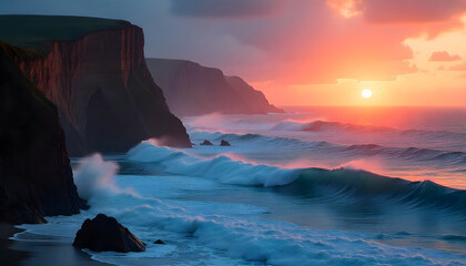Seascape Sunset Symphony: A breathtaking coastal panorama where dramatic cliffs meet the relentless sea under a vibrant sunset. Witness the raw beauty of nature's canvas.