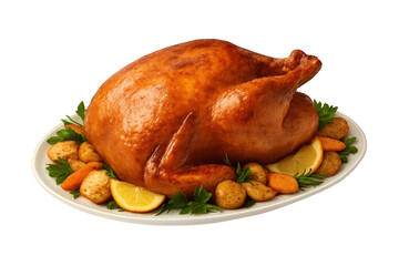 Roasted turkey with potatoes, carrots, herbs, and lemon on a platter with transparent background