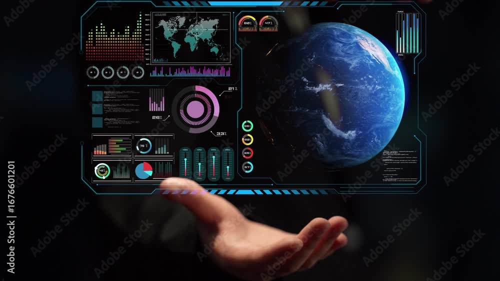 Poster high-tech global network connection interface showing worldwide digital communication, data exchange