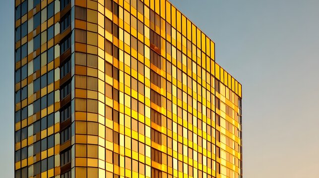 A modern skyscraper, clad in golden reflective glass, stands tall against a pale sky, showcasing a geometric facade.