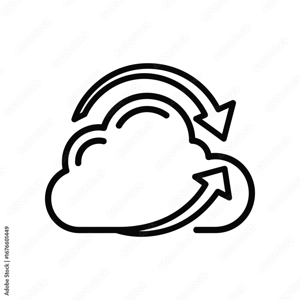 Poster cloud data synchronisation: a minimalist line drawing of a cloud, embraced by two arrows circling it