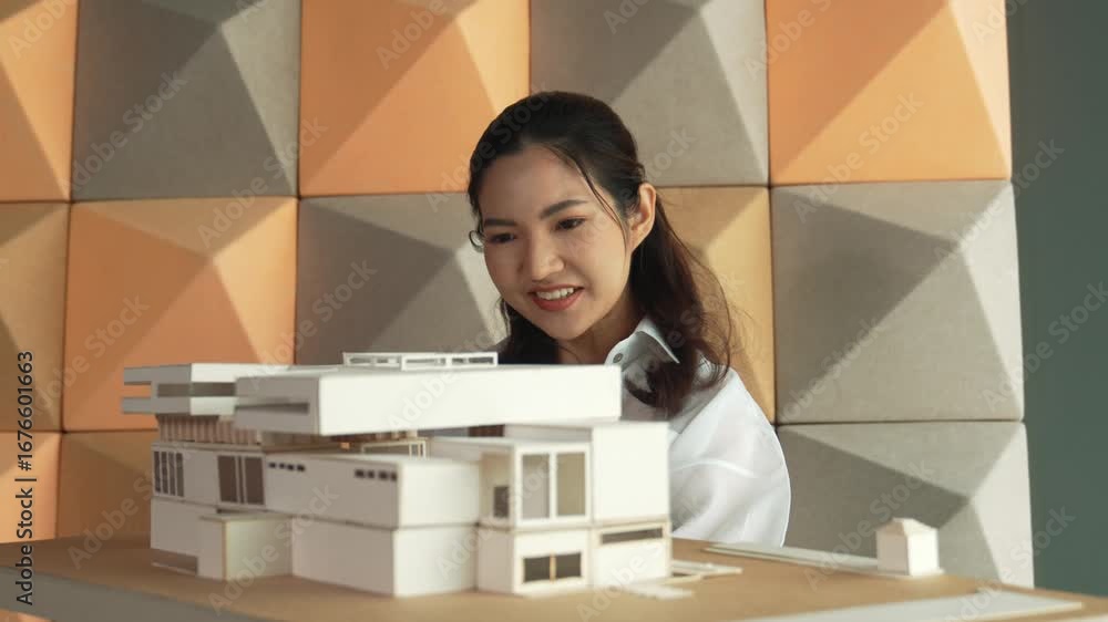 Poster skilled attractive architect engineer holds architect model while checking mistake point carefully. 