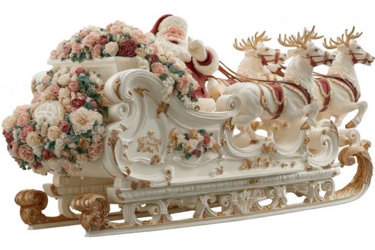 Ornate santa claus sleigh pulled by reindeer with abundant floral decorations isolated on transparent background