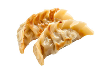 Two delicious pan-fried gyoza dumplings on black background