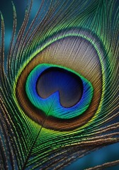 Closeup of a vibrant peacock feather with intricate eye pattern and iridescent colors, showcasing natural beauty and detail