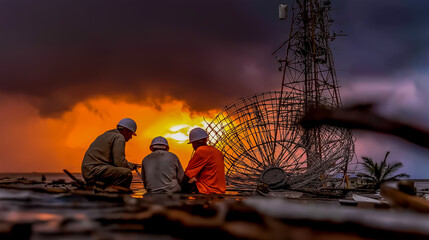 Communication tower destroyed and bent survivors using hand-cranked radio equipment to search for other survivor groups antenna arrays damaged