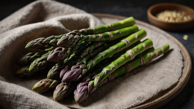 Artistic Still Life of Fresh Asparagus with Purple Tips on Rustic Linen in Moody Light