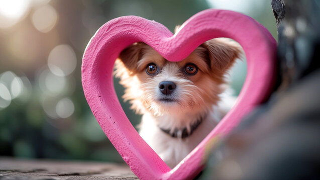An Adorable Puppy Looking Through a Pink Heart Frame - Powered by Adobe