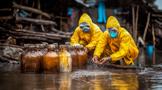 Survivors collecting rainwater in containers while wearing protective gear testing water for contamination makeshift filtration systems