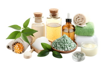 Spa treatment products bath salts essential oils towels