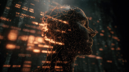 3D wireframe glowing human head with encrypted symbols and falling matrix code representing cyberattack and cybersecurity concepts