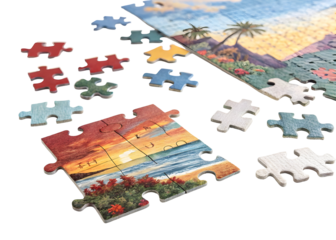 Scattered Jigsaw Puzzle Pieces Tropical Sunset Beach Scene Colorful Cardboard Pieces Isolated on a transparent background