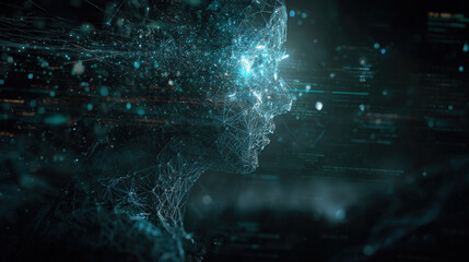 3D wireframe glowing human head with encrypted symbols and falling matrix code representing cyberattack and cybersecurity concepts