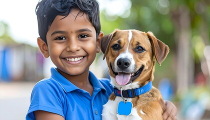 Smiling boy with dog promoting rabies awareness and pet safety

