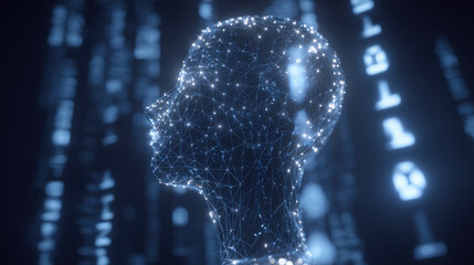 3D wireframe glowing human head with encrypted symbols and falling matrix code representing cyberattack and cybersecurity concepts