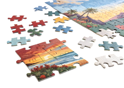 Scattered Jigsaw Puzzle Pieces Tropical Sunset Beach Scene Colorful Cardboard Pieces Isolated on a transparent background - Powered by Adobe
