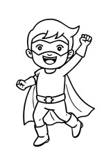Flying Kid Superhero Coloring Page. Simple Cartoon Hero with Cape and Mask for Kids