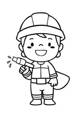 Cute Kid Firefighter Coloring Page. Cartoon Child in Costume with Water Hose.