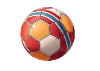 Red Orange White Soccer Ball with Blue Stripes Classic Style Hexagonal Panels Isolated on a transparent background