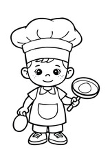 Cute Kid Chef Coloring Page. Cartoon Child in Hat Cooking an Egg for Kids to Color