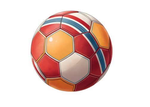 Red Orange White Soccer Ball with Blue Stripes Classic Style Hexagonal Panels Isolated on a transparent background