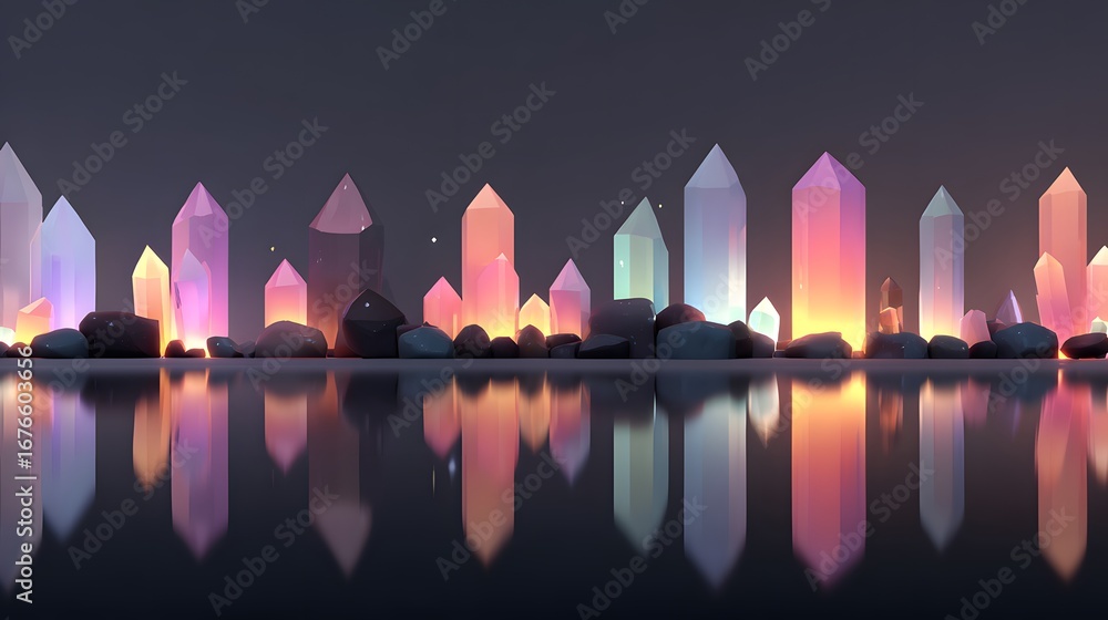 Poster a vibrant array of luminous crystals stands along a tranquil water's edge, their reflections shimmer