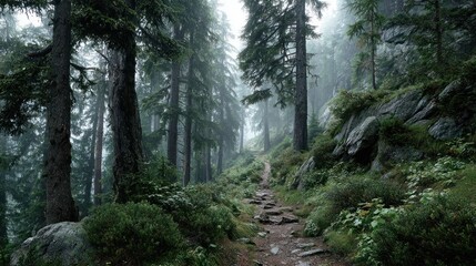 Fototapeta premium Misty forest trail adventure mountain region nature photography serene environment eye-level view tranquility concept