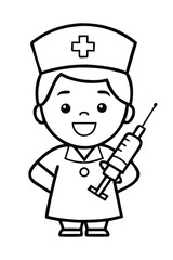 Friendly Kid Nurse Coloring Page. Cute Cartoon Child in Uniform with Syringe