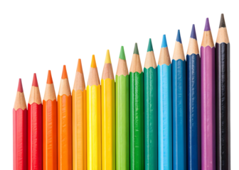 Row of Sharpened Colored Pencils Arranged in Rainbow Spectrum Against Black Background isolated on a transparent background