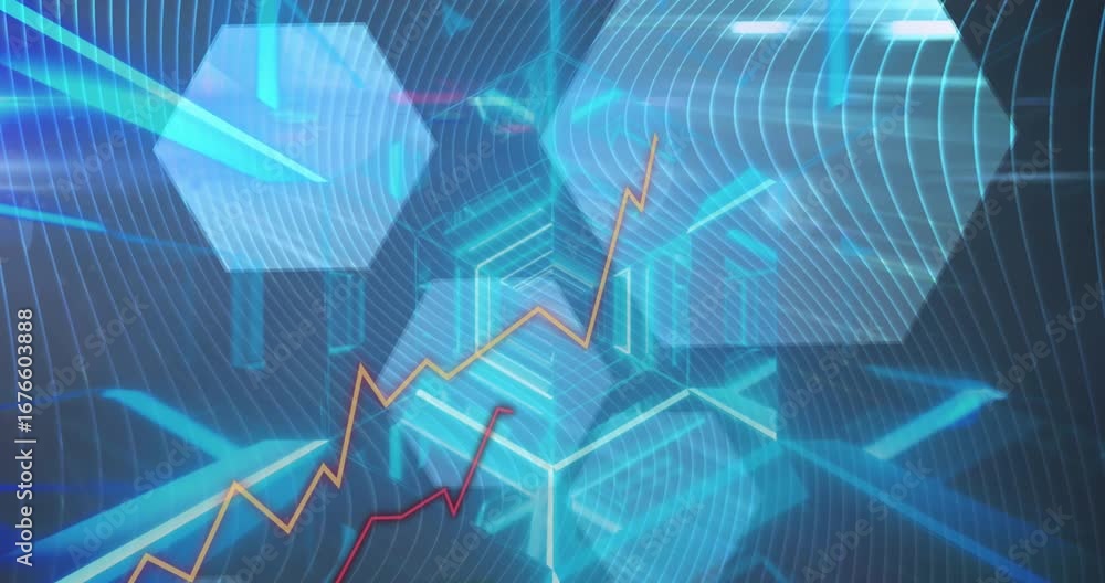 Poster animation of data processing over shapes on black background