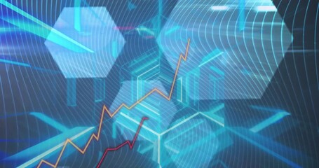 Animation of data processing over shapes on black background - Powered by Adobe